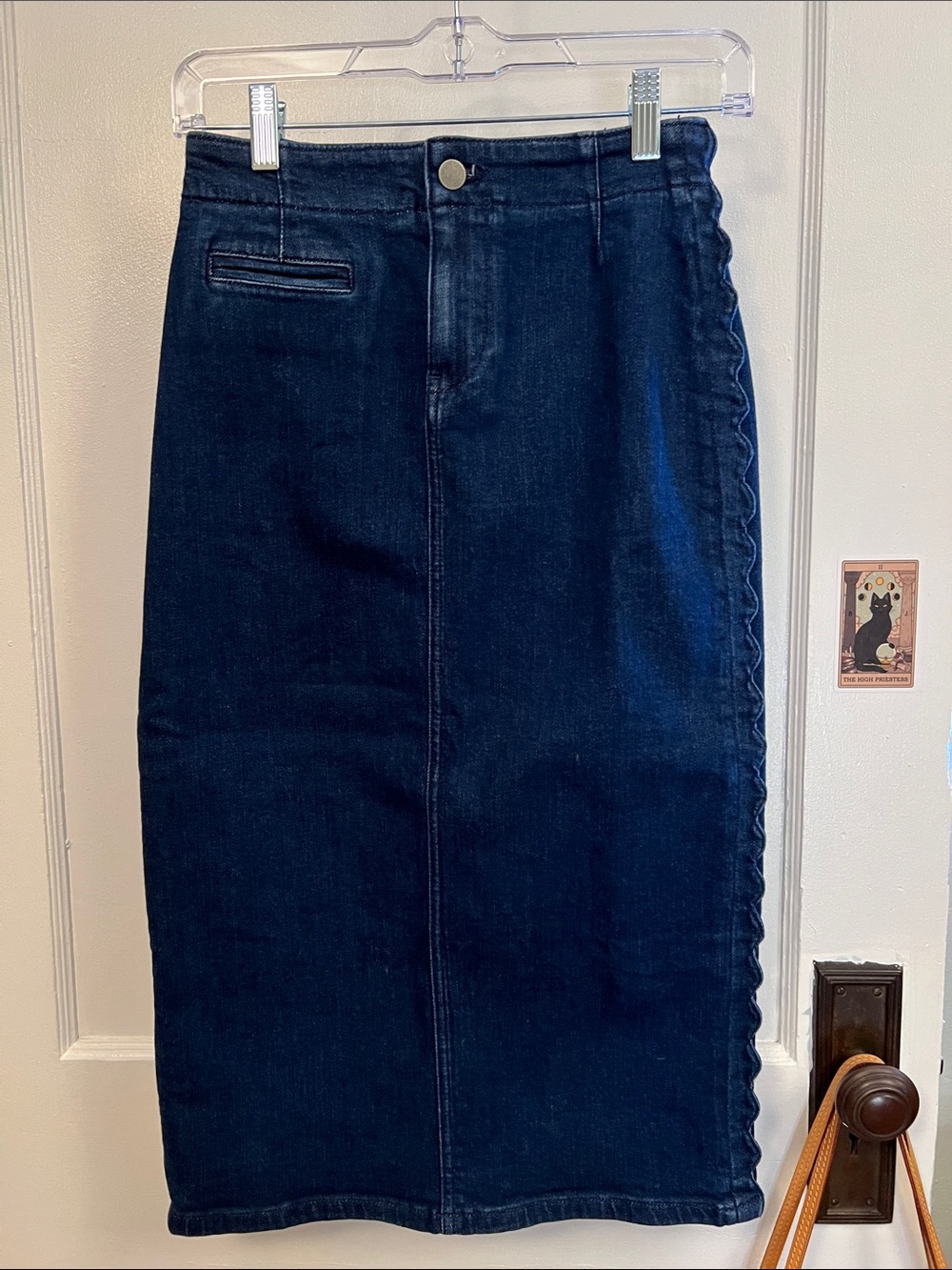 Maeve Indigo Denim Midi Pencil Skirt with Side Scallop
